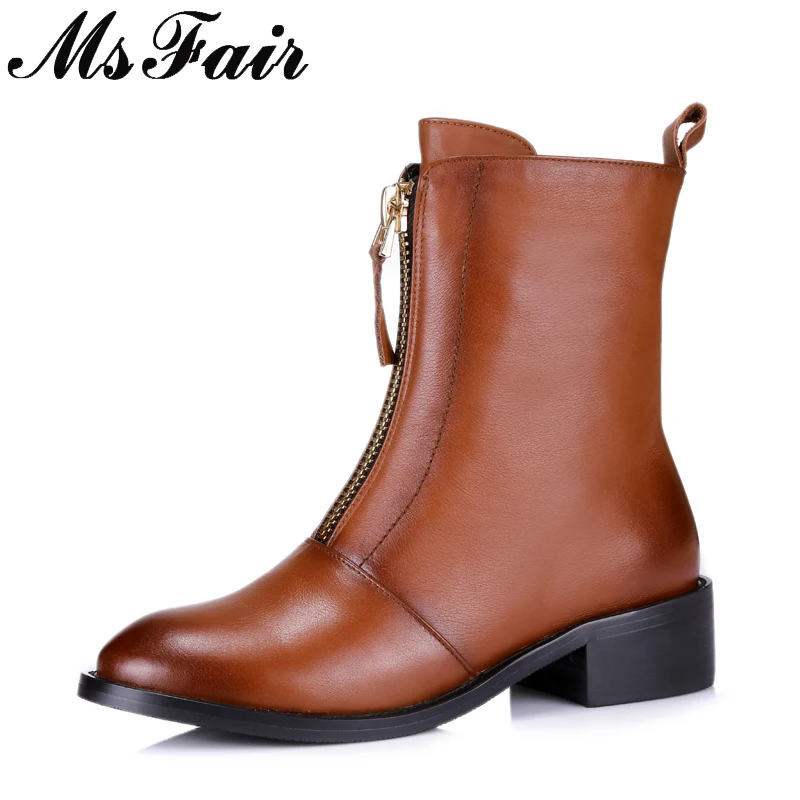 

MSFAIR Round Toe Square heel Women Boot Rivet Crystal Mid Heel Ladies Ankle Boot Winter Short Plush Buckle Women Martin Boots