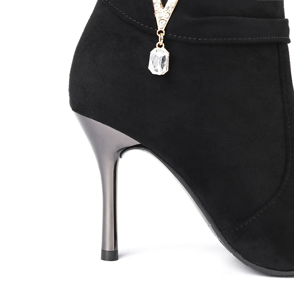 Новые брендовые Зимние удобные женские сапоги для верховой езды из флока бежевого и черного цветов Женская обувь на тонком высоком каблуке Большие размеры 10-43, SH85