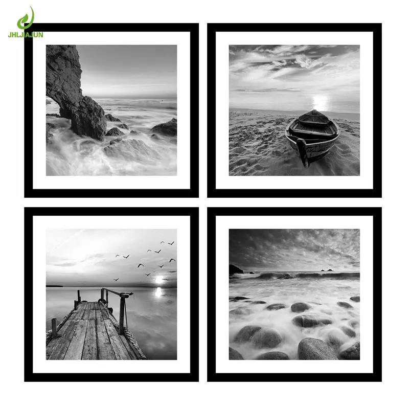 JHLJIAJUN 4 Piece Black White Sea View Canvas Art Decoration Home Modular Picture Decorative No Frame Nordic Decor | Дом и сад
