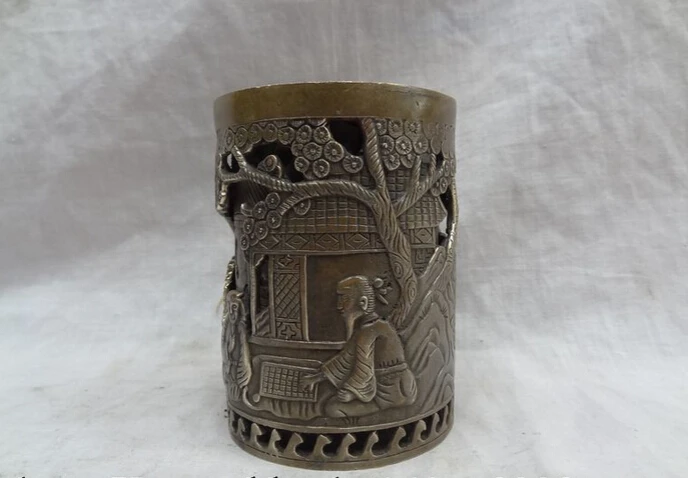 

S2767 Chinese Bronze Old Literator Man and Kid Tree Statue Pencil Vase Brush Barrel D0317