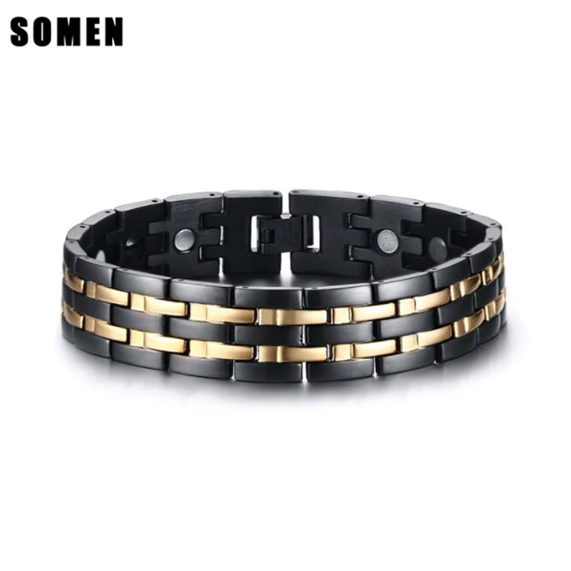 

Fashion Health Energy Magnet Bracelet Men Stainless Steel Magnetic Bracelets Gold and Black Color Jewelry For Men pulsera hombre