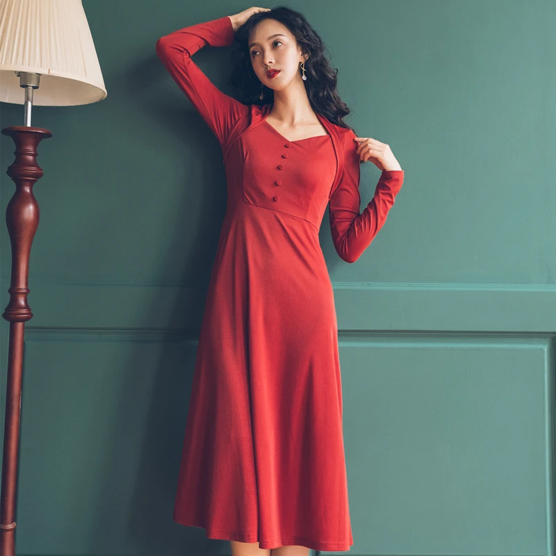

2019 new fashion women's dresses Medium long retro high waist slim temperament long sleeve V neck dress