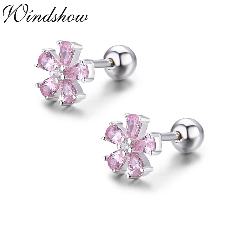 

Cute Pink CZ 925 Sterling Silver Flower Screw Stud Earrings For Women Girls Kids Piercing Jewelry Orecchini Aros Aretes Kolczyki