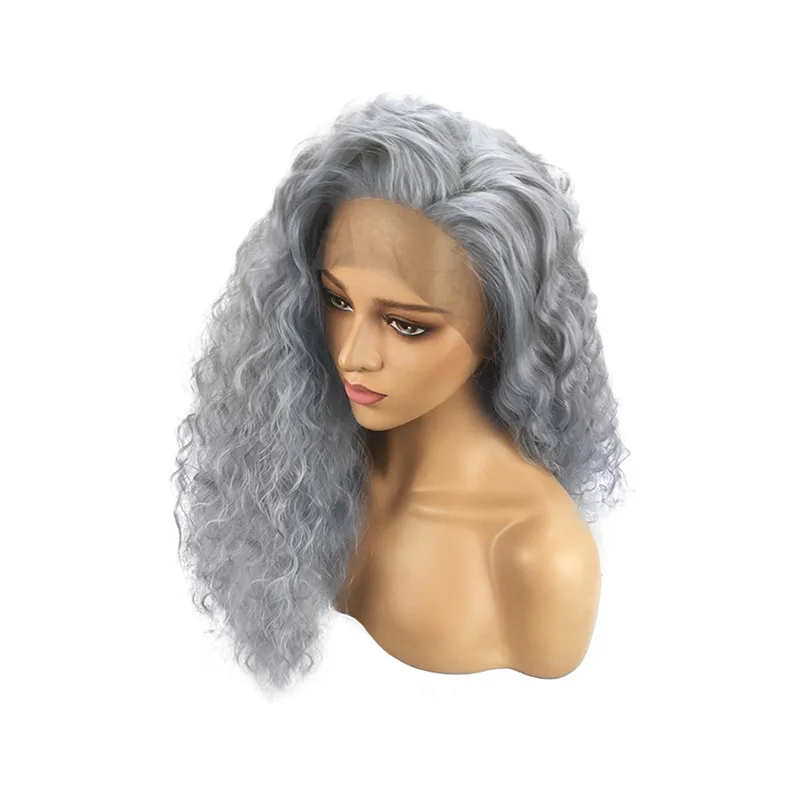

Long Curly Lace Front Wigs Human Hair Natural Wave Beauty Non-remy Light Grey Pre Plucked Bleached Knots For Women #290735