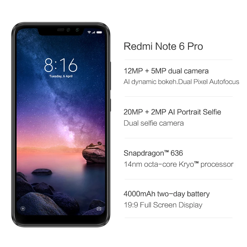 В наличии Глобальный Версия Xiaomi Redmi Note 6 Pro 4 GB 64 Смартфон Snapdragon 636 Octa Core 26 "полный
