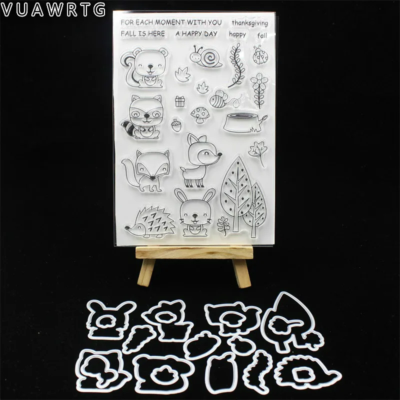 

VUAWRTG Autumn Animals Transparent Clear Silicone Stamp and Metal Cutting Die Set for DIY scrapbooking/Card Making