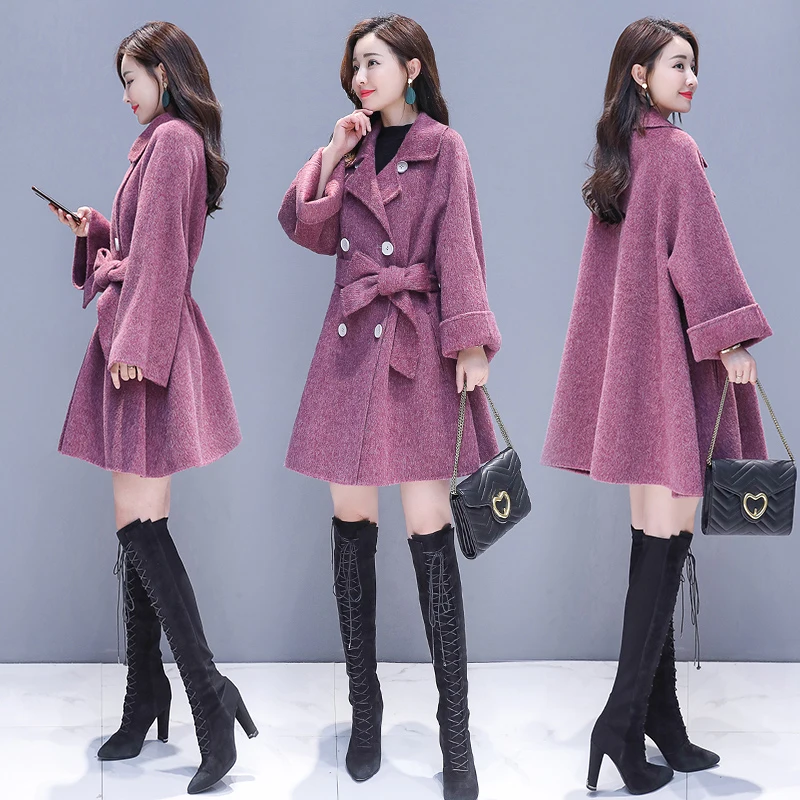 

2023 Autumn Winter Women Double-breasted Loose Woolen Coat Wear New Women's Long Solid Jacket Nizi Coat Loose Tie Woolen Coat