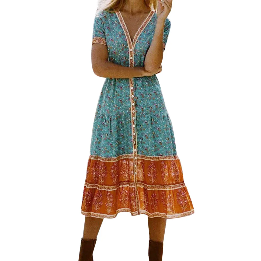 

JAYCOSIN Women Holiday Summer Boho Long Maxi Evening Party Beach Dress Short Button Print sexy V-neck Princess dress hot May 22
