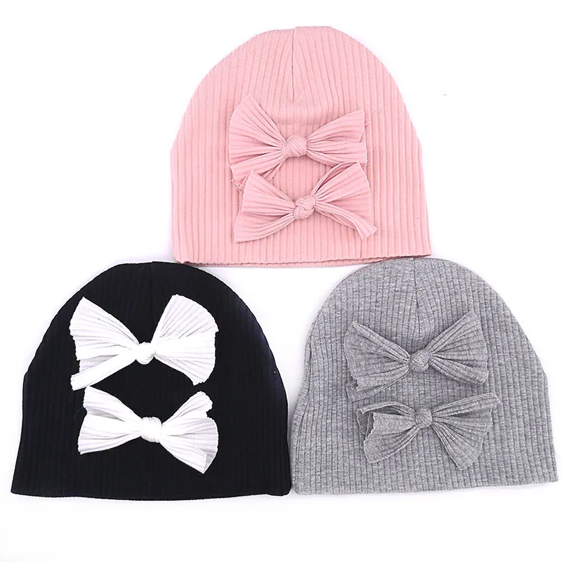 Cute 0-6 Months Newborn Baby Girls Bow Ribbed Cotton Beanies hats Kids Childs Autumn Winter Knitted Hat caps For New Born Gifts