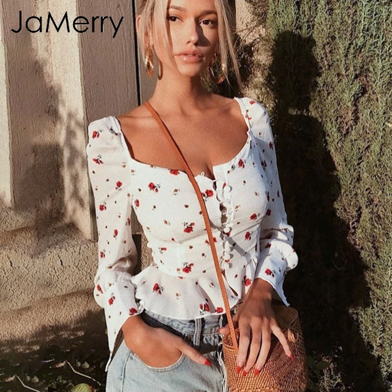  JaMerry Elegant white blouse women shirts 2019 Vintage flower print blouse tops summer Casual ruffl