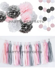 26xNew mixed sizes White Pink Gray asst color tissue paper bunting pom poms wedding party wall hanging decorative banner garland metallic color cheerleader pom poms w plastic handle deep pink
