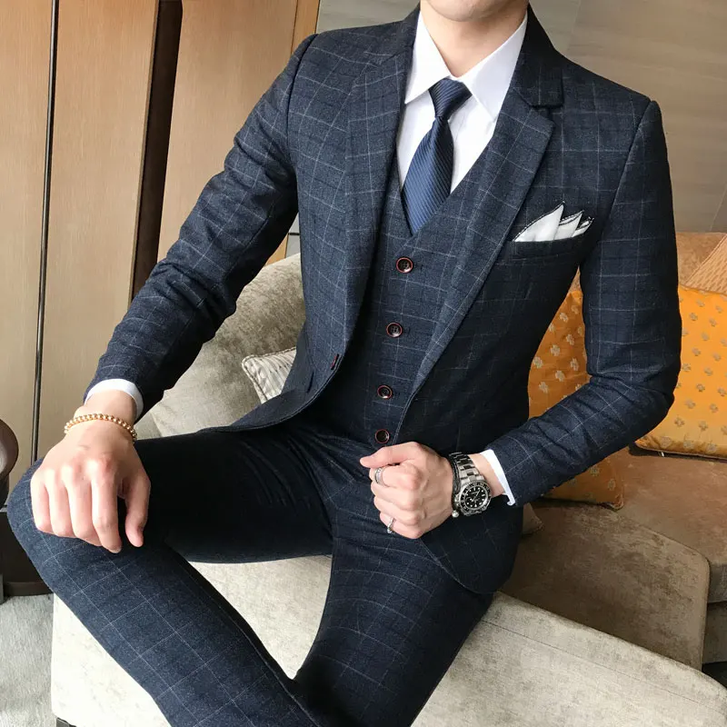 Three-piece Male Formal Business Plaids Suit for Men's Fashion Boutique Plaid Wedding Dress Suit ( Jacket + Vest + Pants ) 2019