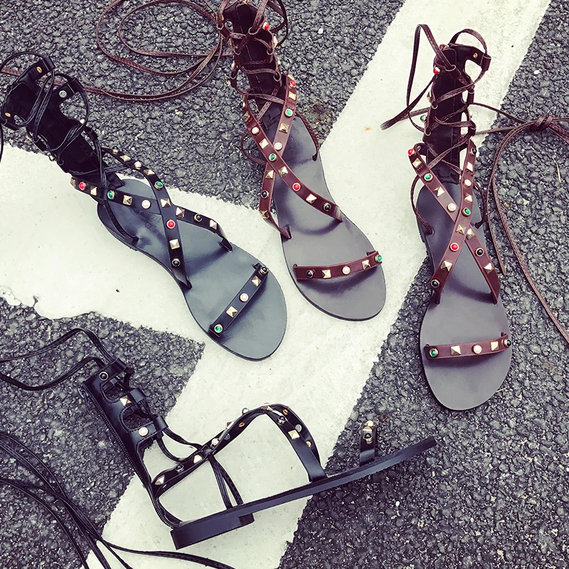 

Woman Sandals Open Toe Colorful Rivets Embellished Women Shoes Gladiator Lace Up Shoes Summer Beach Zapatos Mujer Brand Shoes