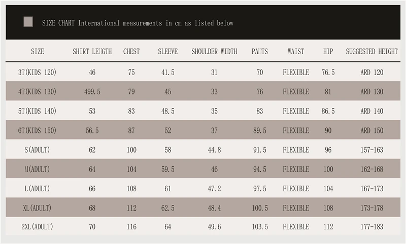 PUBG吃鸡 Size Chart