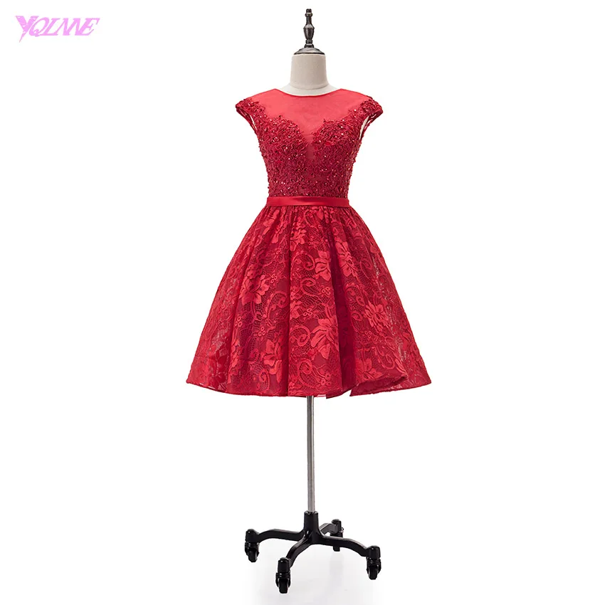 

YQLNNE Elegant Red Lace Homecoming Dresses Short Party Dress Knee Length Vestido De Festa
