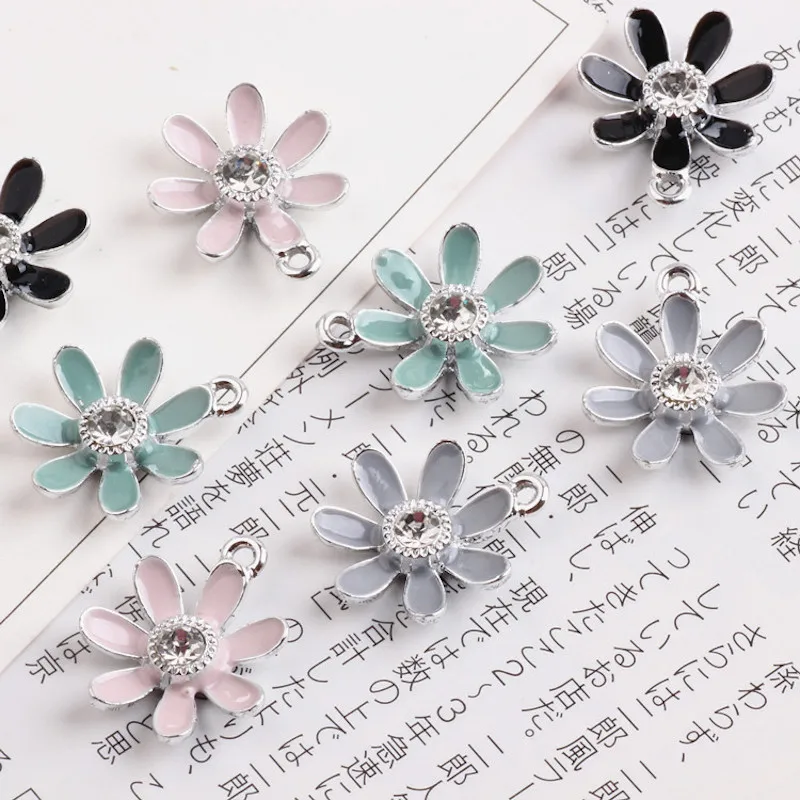 

20pcs pink green Enamel flower Charm Alloy silver color jewelry pendants for bracelet DIY jewelry Accessories earring finding