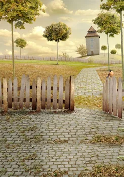 

Laeacco Photographic Backdrop Wooden Fence Passage Tree Green Grass Castle Child Scenic Backgrounds Photocall Photo Studio
