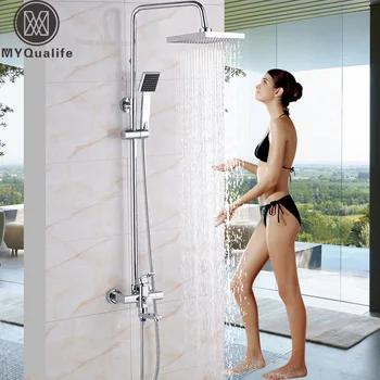 

Wall Mounted Chrome Shower Faucet Set Single Handle 3 Functions 8" Rainfall Showerhead Bath and Shower Mixers with Handshower