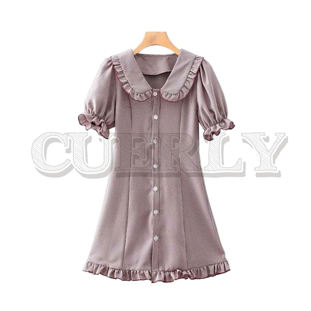

CUERLY women sweet plaid ruffled mini dress A line turn down collar casual cute stylish female chic dresses vestidos
