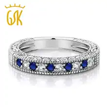 Gemstoneking esterlina del sólido 925 de plata 1.00 ct zafiro azul y blanco creado tachonado eternidad wedding band anillo
