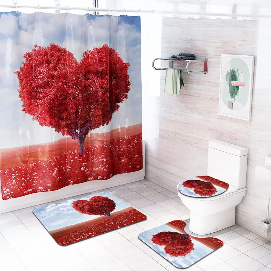 Занавеска для душа, декор для ванной комнаты, 4 шт., в форме сердца, с цветком, нескользящая, для туалета, из полиэстера, набор ковриков, для ванной, занавеска для душа, моющаяся