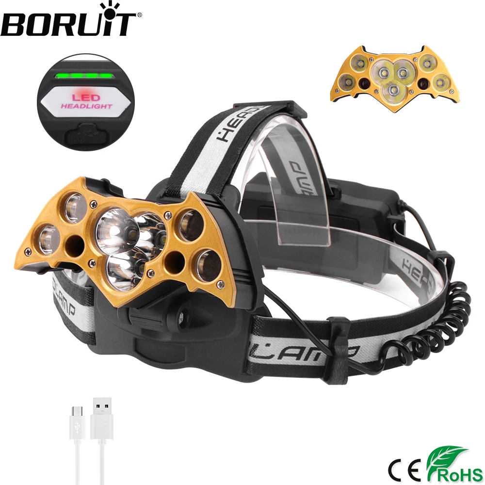 cheap BORUiT T6 XPE LED Headlamp USB Charger Headlight Use 18650 Battery Head Torch Camping Running Waterproof Flashlight
