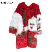 SHILO GO Fur Coat Womens Winter Fashion O Neck Real fox fur long coat red splicing white leaves fur Knitting coat