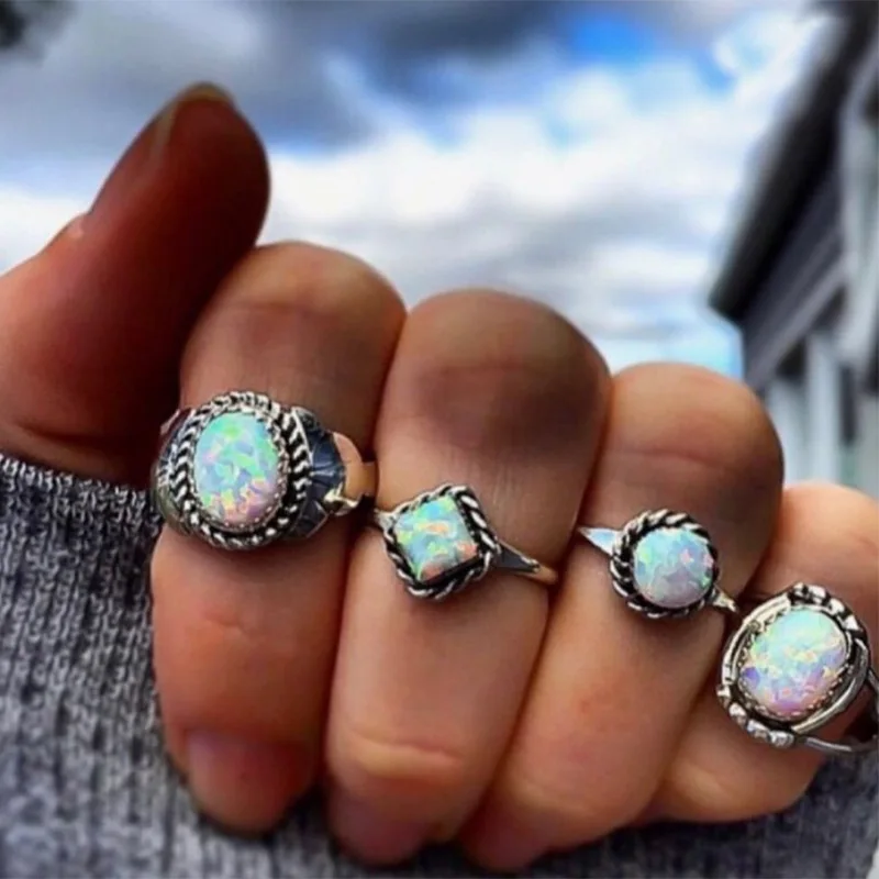 

4 Pcs/Set New Design Bohemian Vintage Opal Knuckle Rings Set For Women Boho Geometric Pattern Flower Rings Party Jewelry Gift