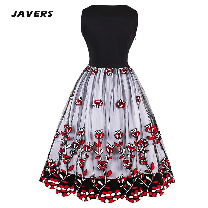 [JAVERS] Gorgeous Floral Embroidery 50s Vintage Rockabilly Ball Gown Party Dress Women Sleeveless Mesh Patchwork Plus Size | Женская