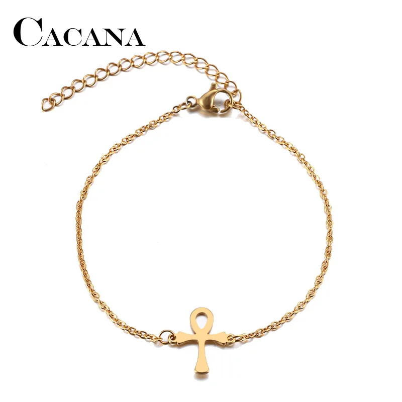 CACANA Stainless Steel Bracelet For Women Round Hole Cross Gold And Silver Color Pulseira Feminina Lover's Engagement Jewelry