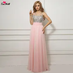 TaoHill Платья для подружек невесты розовое ТРАПЕЦИЕВИДНОЕ шифоновое длинное платье с круглым вырезом и кристаллами для подружки невесты