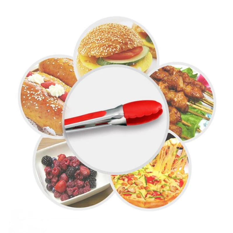 

Food Silicone Kitchen Cooking Salad Serving Tongs Stainless Steel Handle Utensil Random color