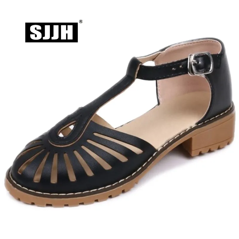 SJJH Women Roman Sandals with Round Toe and Low Block Heels Cut-outs Buckle Strap Footwear Fashion Casual Shoes A1394