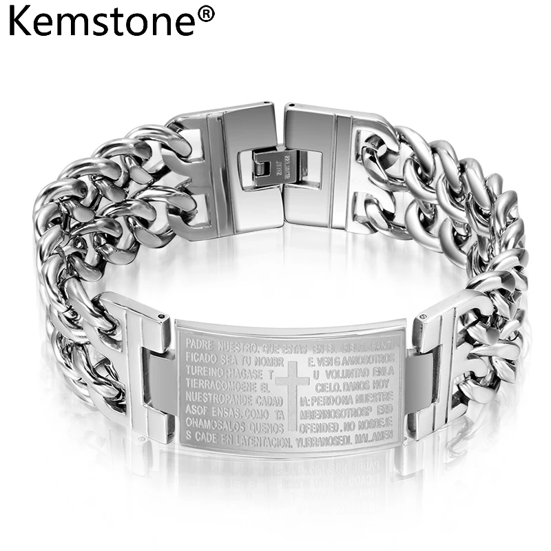 

Kemstone Domineering Sliver Color Stainless Steel Bend Cross Scripture Men Charm Chain Bracelet Jewelry Gift