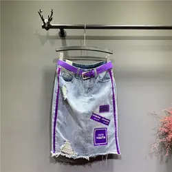 2019 Женская мода юбка отверстие хлопок Твердые A-Line Аппликации длиной до колена империя талии джинсовые школьный стиль; лето