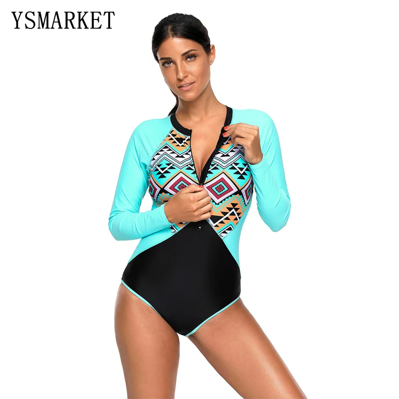 

2018 Bodysuit Swimwear Women Retro Print Rashguard Long Sleeve One Piece Swimsuit High Cut Ropa De Bano E410480
