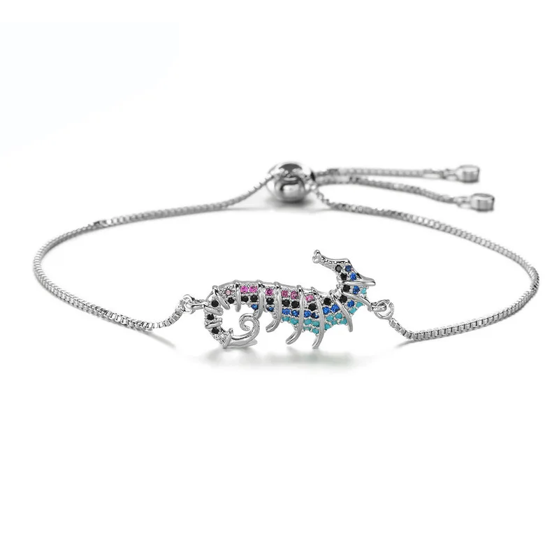 

2018 Hot Sale Adjustable Copper Chain Bracelets For Women Colourful CZ Stone Pave Setting Seahorse Charm Bracelet bijoux femme