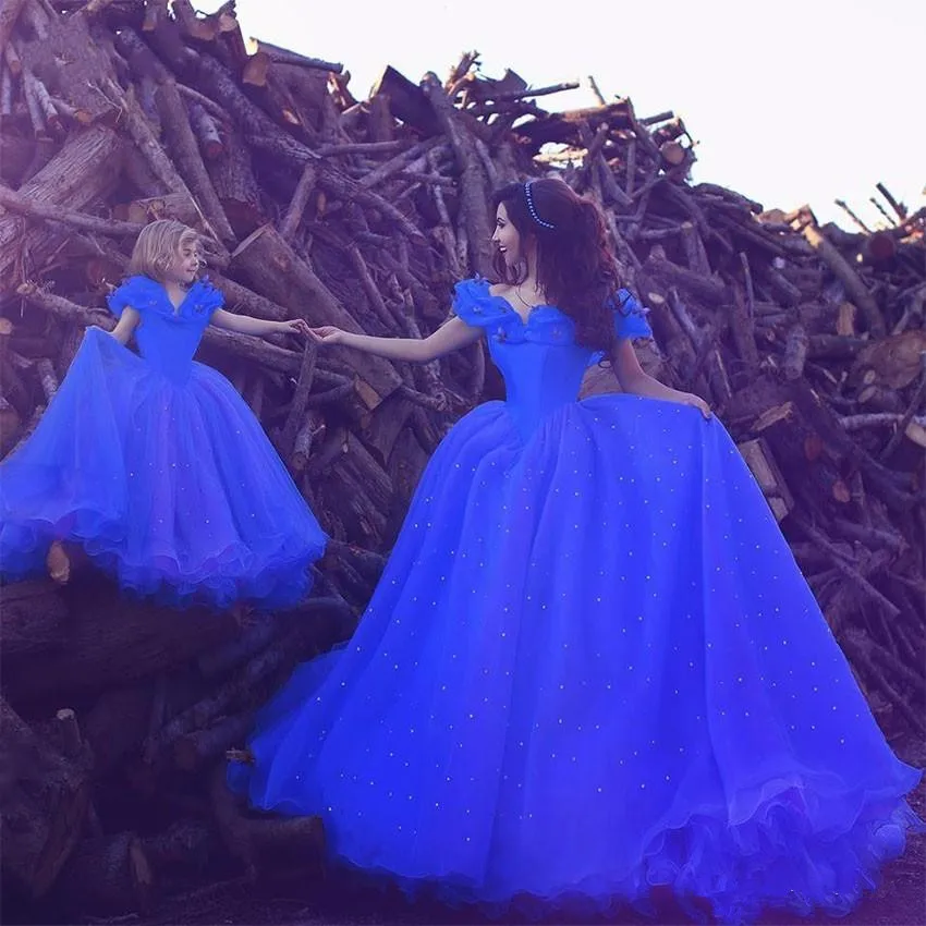 Бальное платье Золушки Свадебные платья королевский синий бальное платье с открытыми плечами мать дочь платье арабские Длинные свадебные халаты - Цвет: Синий