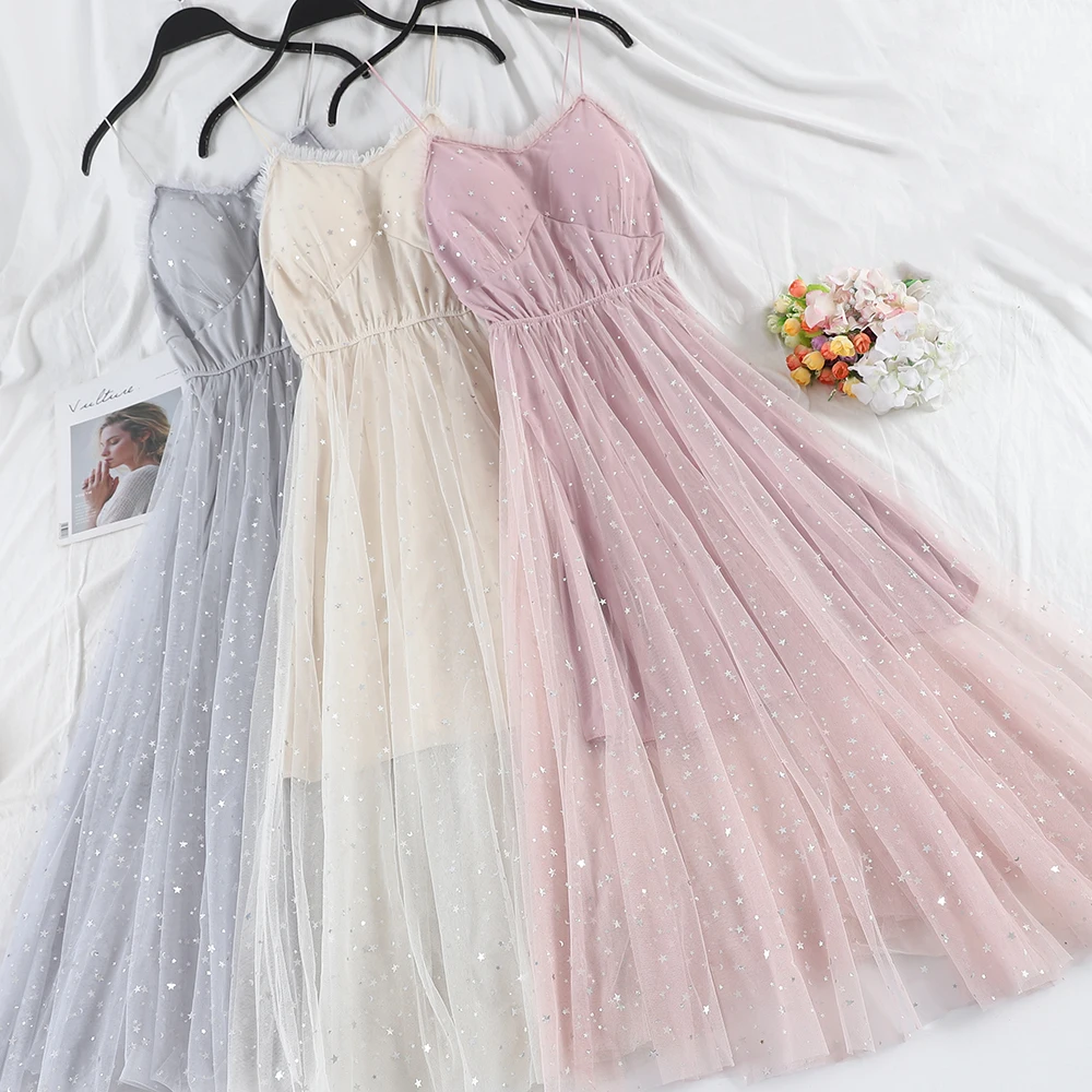 

Women Summer Spaghetti Strap Halter Sequined Dress Casual Elastic Slim High Waist Mesh Gauze Voile Pullover Tulle Pleated Dress