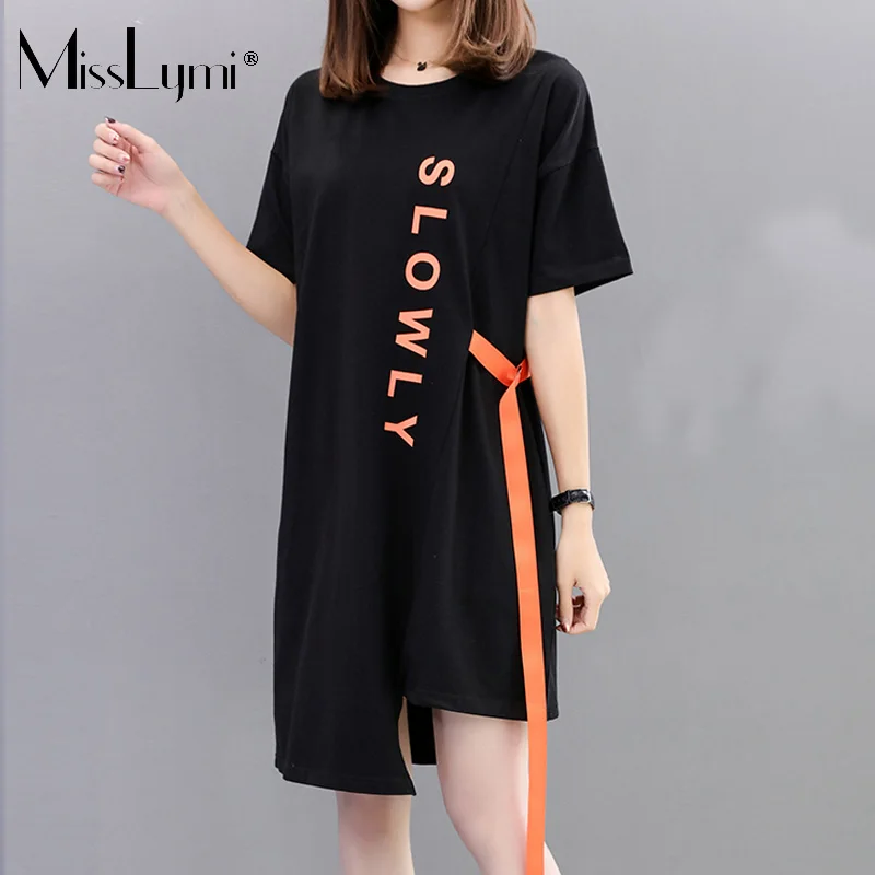 

MissLymi M-4XL Plus Size Women T Shirt Dress 2019 Summer Harajuku Gothic Style Loose Letter Printed Short Sleeve Irregular Dress