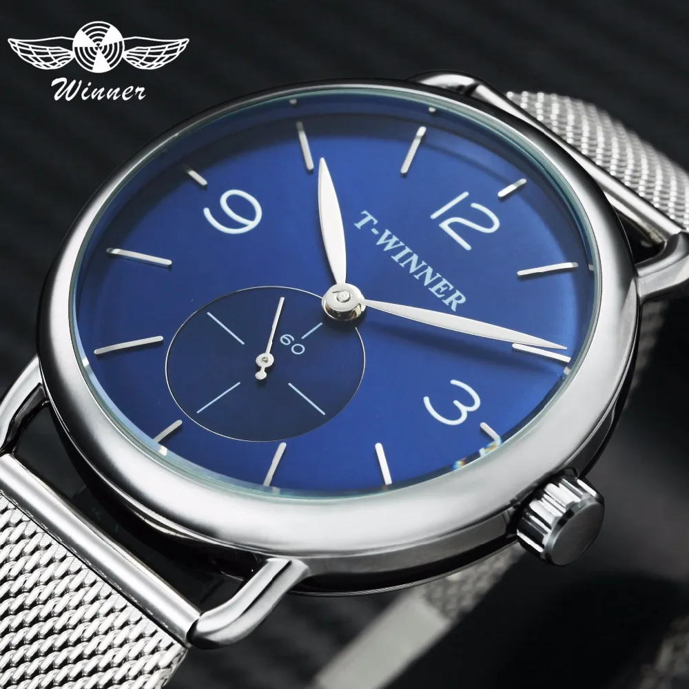 WINNER Fashion Ultra Thin Mechanical Watch Men Mesh Strap Marine Dial Top Brand Luxury Business Wrist