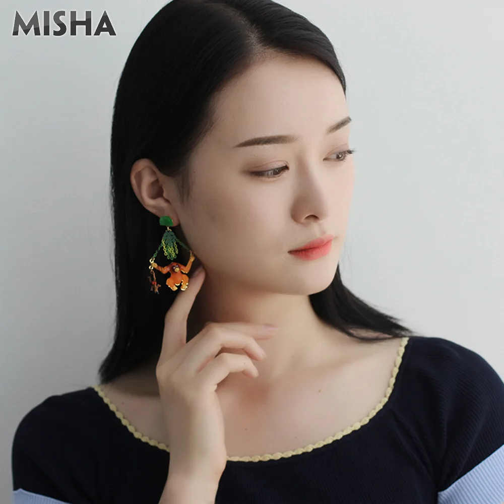 MISHA, трендовые серьги-гвоздики для женщин, милый лесной орангутанг, дизайн ручной работы, эмалированные глазурованные серьги, ювелирные изделия для девушек L1014