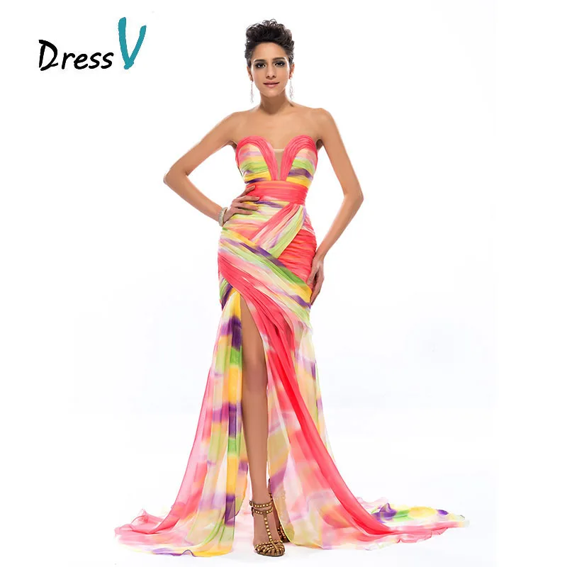 Dressv Colorful Print Mermaid Long Evening Dress 2017 Chiffon Dressv Colorful Print Mermaid Long Evening Dress 2017 Chiffon Sweetheart Ruched Y Split Front Formal Dresses Party Prom Gowns
