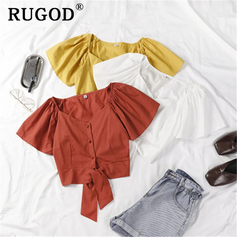 

RUGOD Summer chic women blouse Korean ruff sleeve lace up short shirts Fashion solid slim office ladies tops and blouses 2019