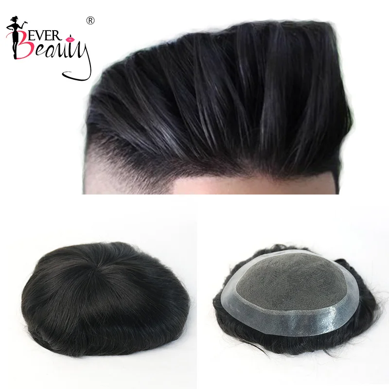 

Mens Toupee 100% Natural Straight Indian Remy Hair Lace and PU Men's Toupee Replacement System Top Hair Piece Ever Beauty