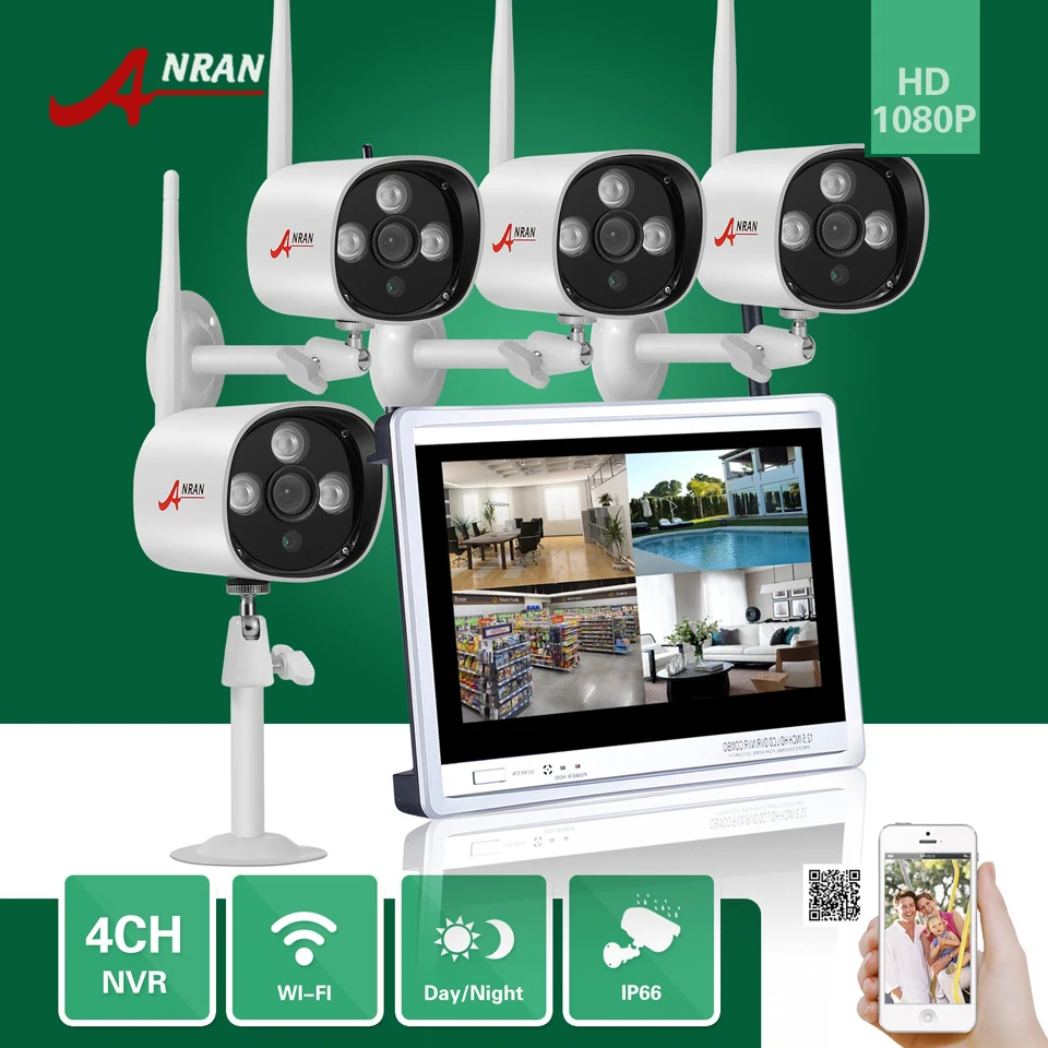 Anran 1080 P P2P 4CH WI-FI NVR 12''lcd монитор ИК Водонепроницаемый Mini 4 PCS Беспроводной