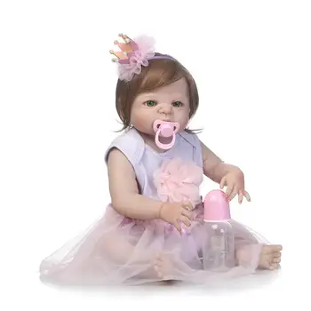 

New 23"Full Silicone Bebe Reborn Baby Girl Princess Dolls Lifelike Alive Doll With Pink Dress for Child Bath Shower Bedtime Toy