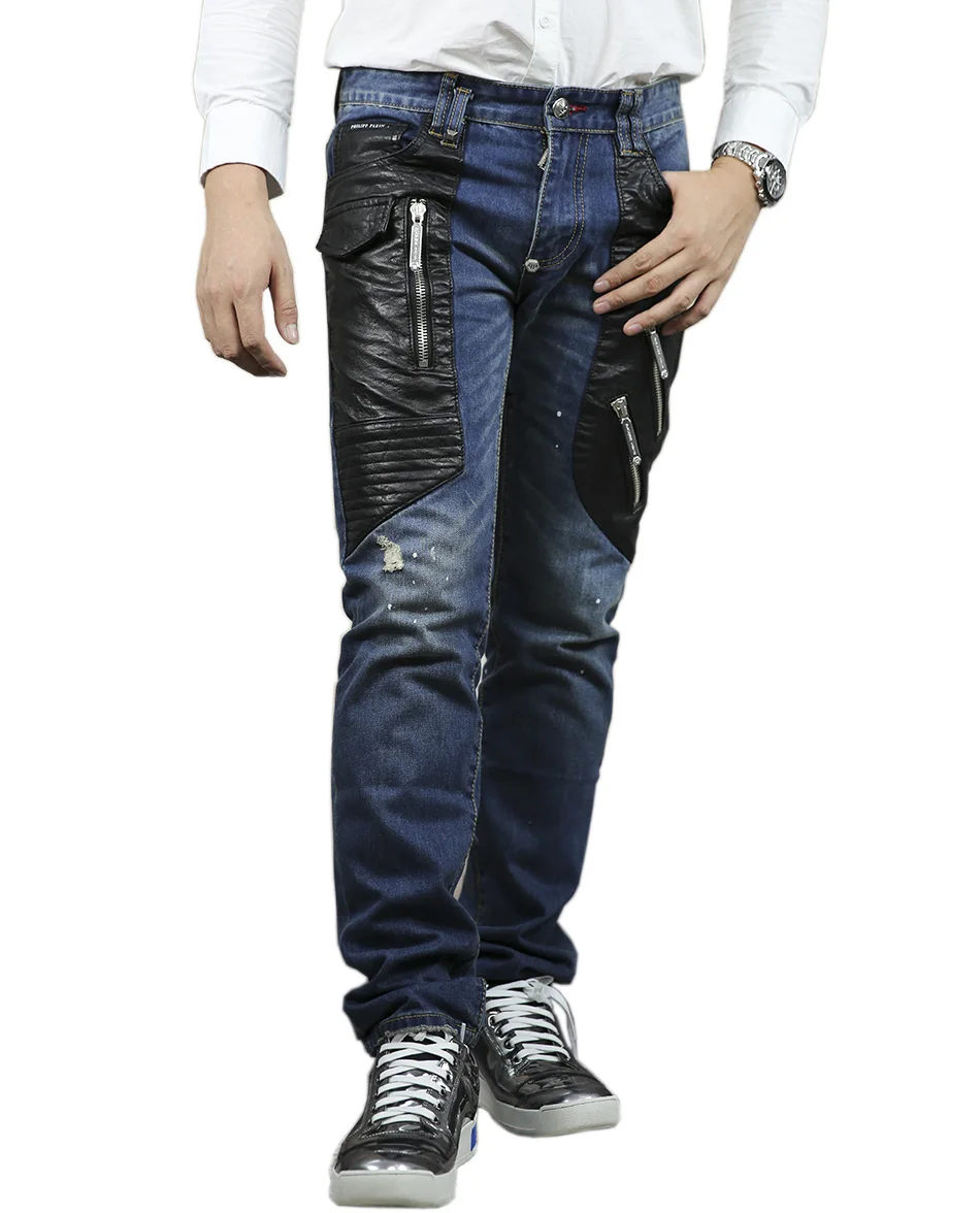 

NWT New Fashion Italy Men's Runway PU Leather Patchwork Washed Denim Cool Jeans Moustache Effect biker Jeans Plus Size 28-38