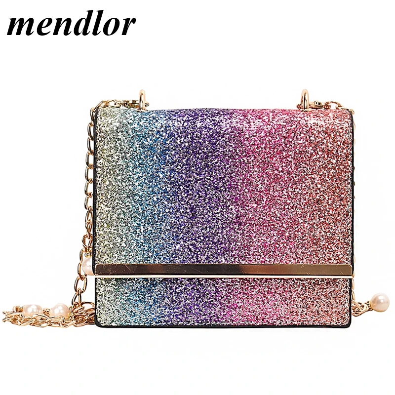 

Gradient Sequin Small Square bag 2019 Fashion New Quality PU Leather Women's Designer Handbag Pearl Chain Shoulder Messenger Bag