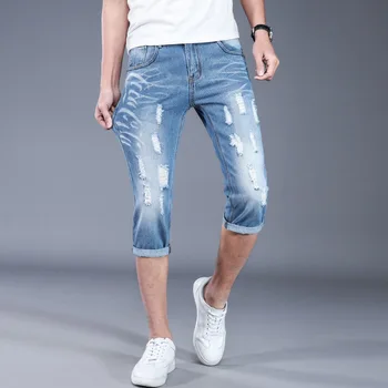 

Blue Plus Size Punk Shorts Jeans Men Distressed Short Straight Denim Pants Men Pockets Slim Fit Jean Hombre